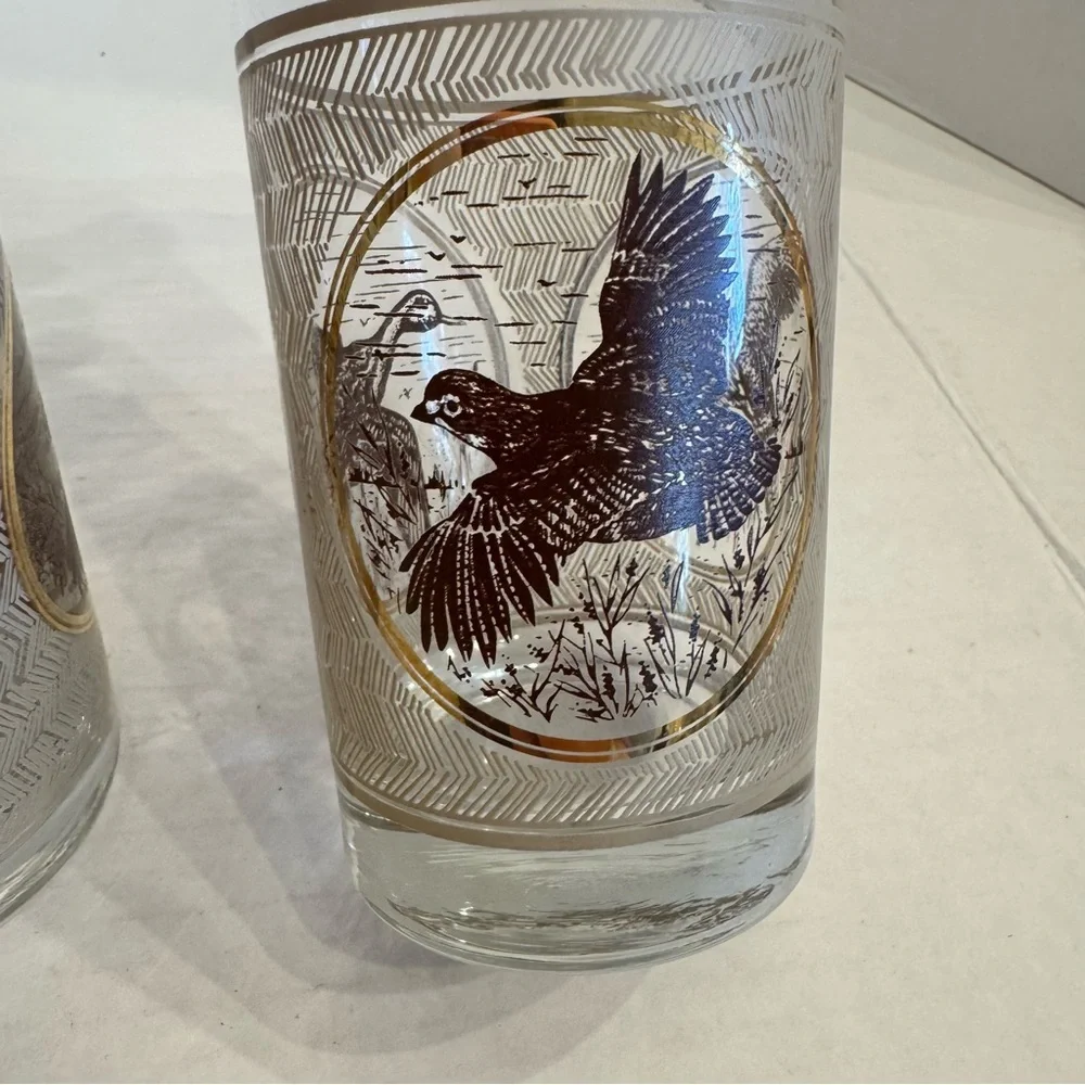 3 VTG 1970s MCM Libbey Highball Pheasant Glasses Game birds Brown Gold